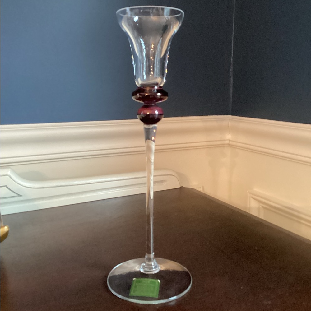 Dansk International clear and iridescent purple crystal candle holder. 10” tall.